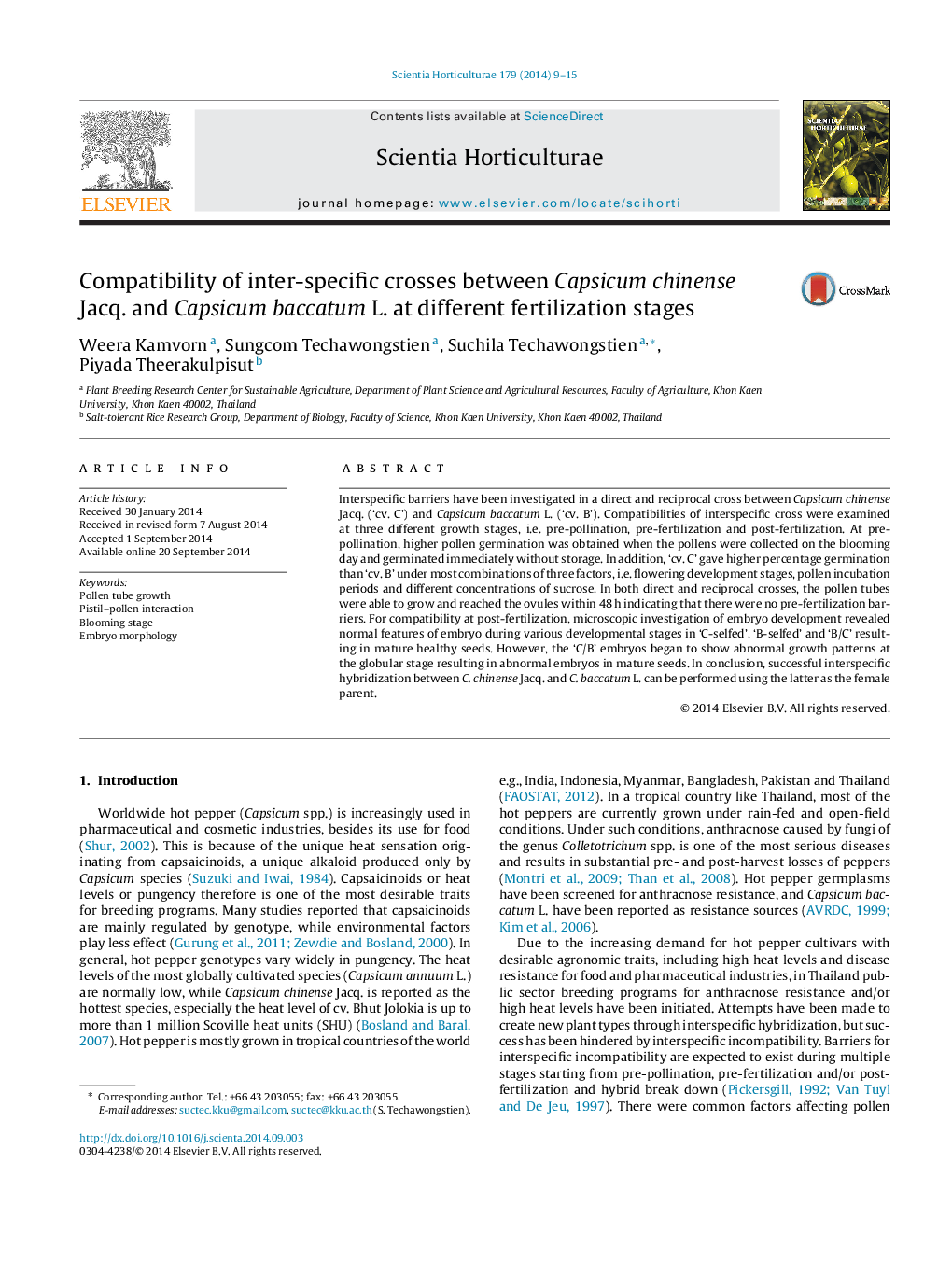 Compatibility of inter-specific crosses between Capsicum chinense Jacq. and Capsicum baccatum L. at different fertilization stages