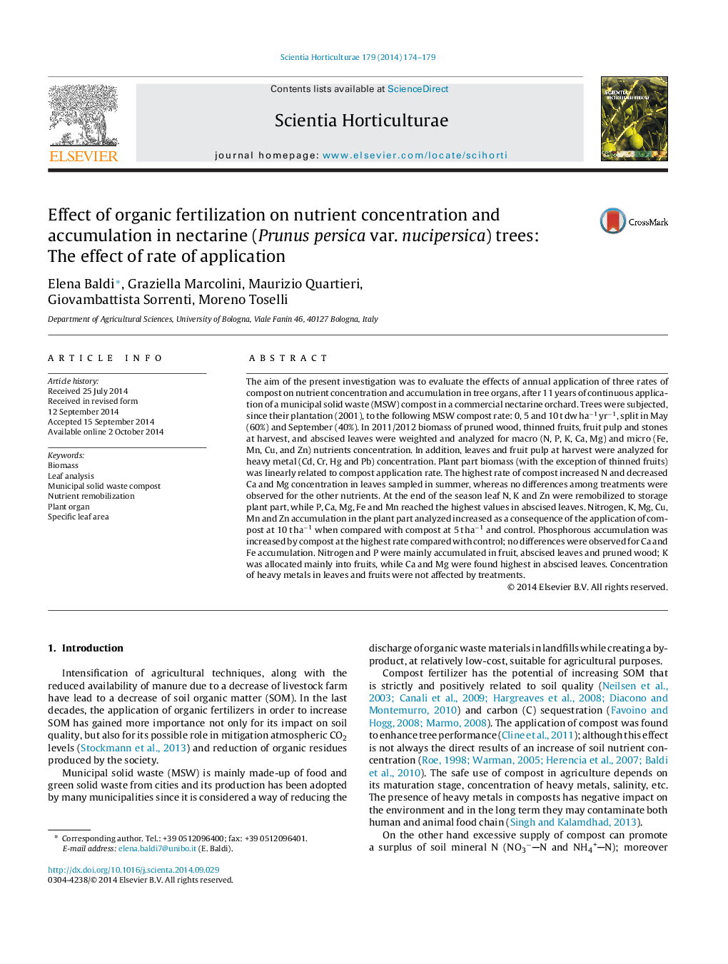 Effect of organic fertilization on nutrient concentration and accumulation in nectarine (Prunus persica var. nucipersica) trees: The effect of rate of application