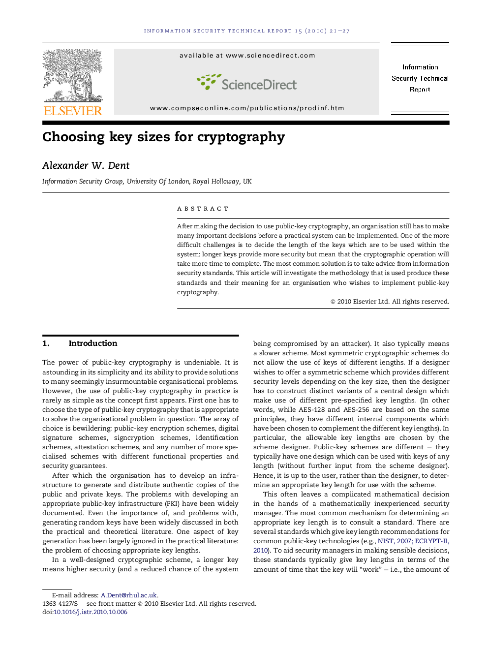 Choosing key sizes for cryptography