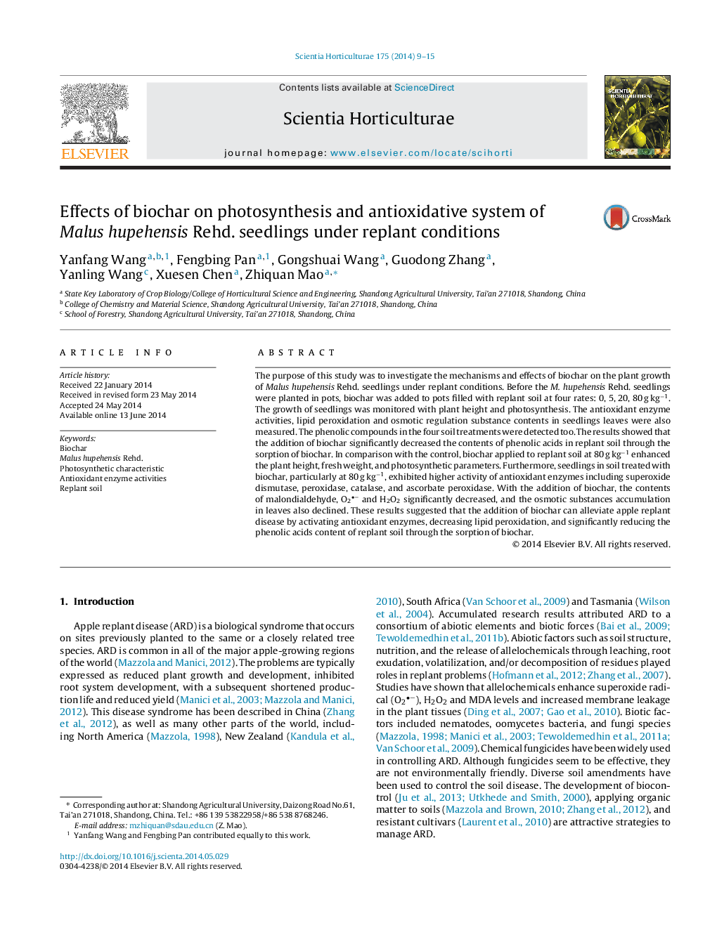 Effects of biochar on photosynthesis and antioxidative system of Malus hupehensis Rehd. seedlings under replant conditions