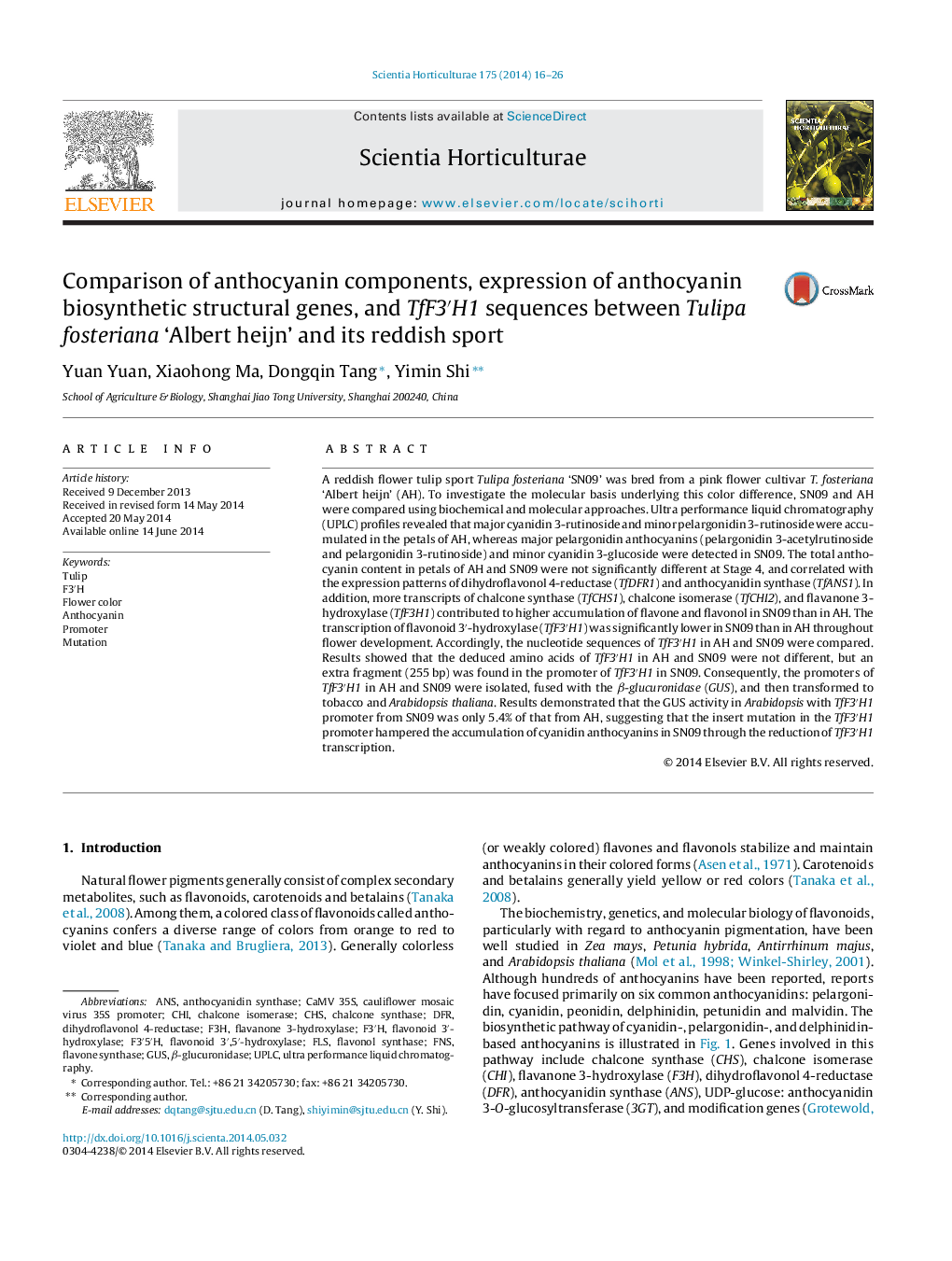 Comparison of anthocyanin components, expression of anthocyanin biosynthetic structural genes, and TfF3′H1 sequences between Tulipa fosteriana ‘Albert heijn’ and its reddish sport