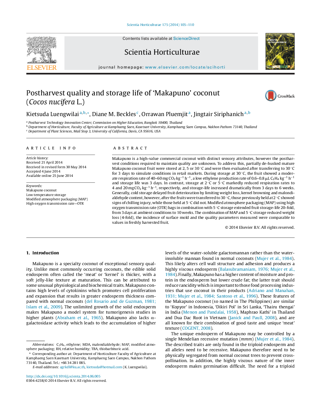 Postharvest quality and storage life of ‘Makapuno’ coconut (Cocos nucifera L.)