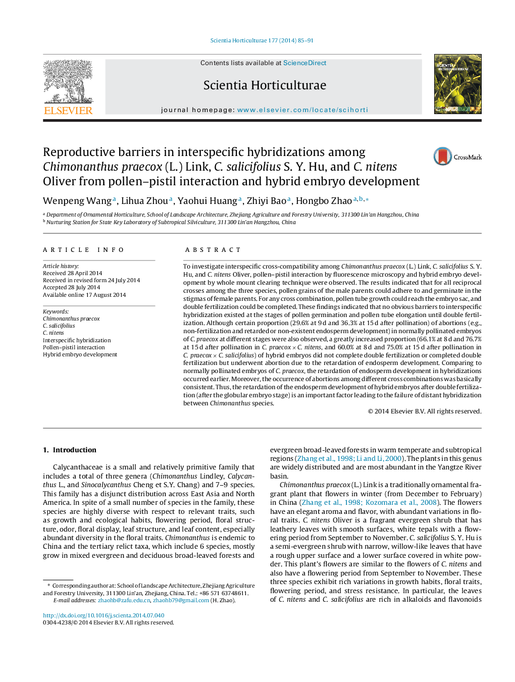 Reproductive barriers in interspecific hybridizations among Chimonanthus praecox (L.) Link, C. salicifolius S. Y. Hu, and C. nitens Oliver from pollen–pistil interaction and hybrid embryo development