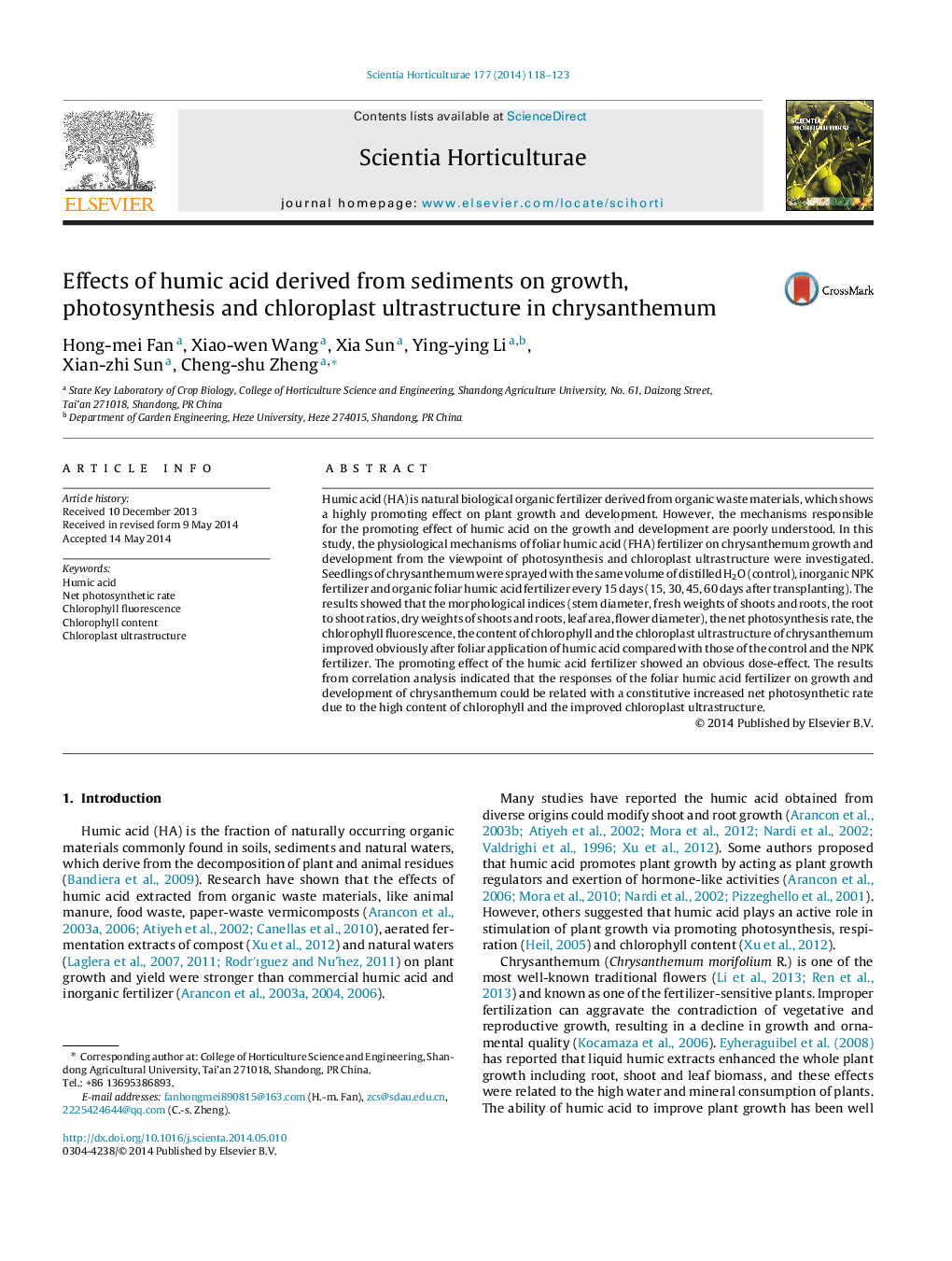 Effects of humic acid derived from sediments on growth, photosynthesis and chloroplast ultrastructure in chrysanthemum