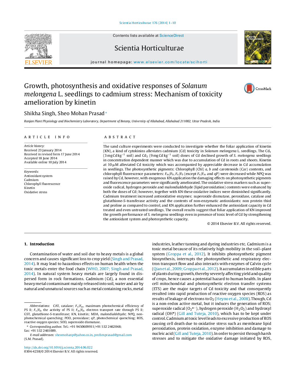 عکس صفحه اول مقاله: Growth, photosynthesis and oxidative responses of Solanum melongena L. seedlings to cadmium stress: Mechanism of toxicity amelioration by kinetin Growth, photosynthesis and oxidative responses of Solanum melongena L. seedlings to cadmium stress: Mechanism of toxicity amelioration by kinetin