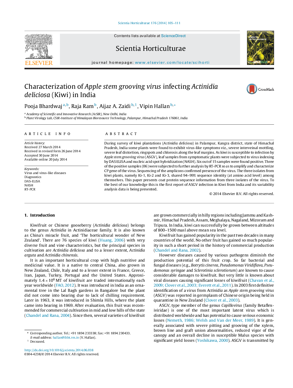 عکس صفحه اول مقاله: Characterization of Apple stem grooving virus infecting Actinidia deliciosa (Kiwi) in India Characterization of Apple stem grooving virus infecting Actinidia deliciosa (Kiwi) in India
