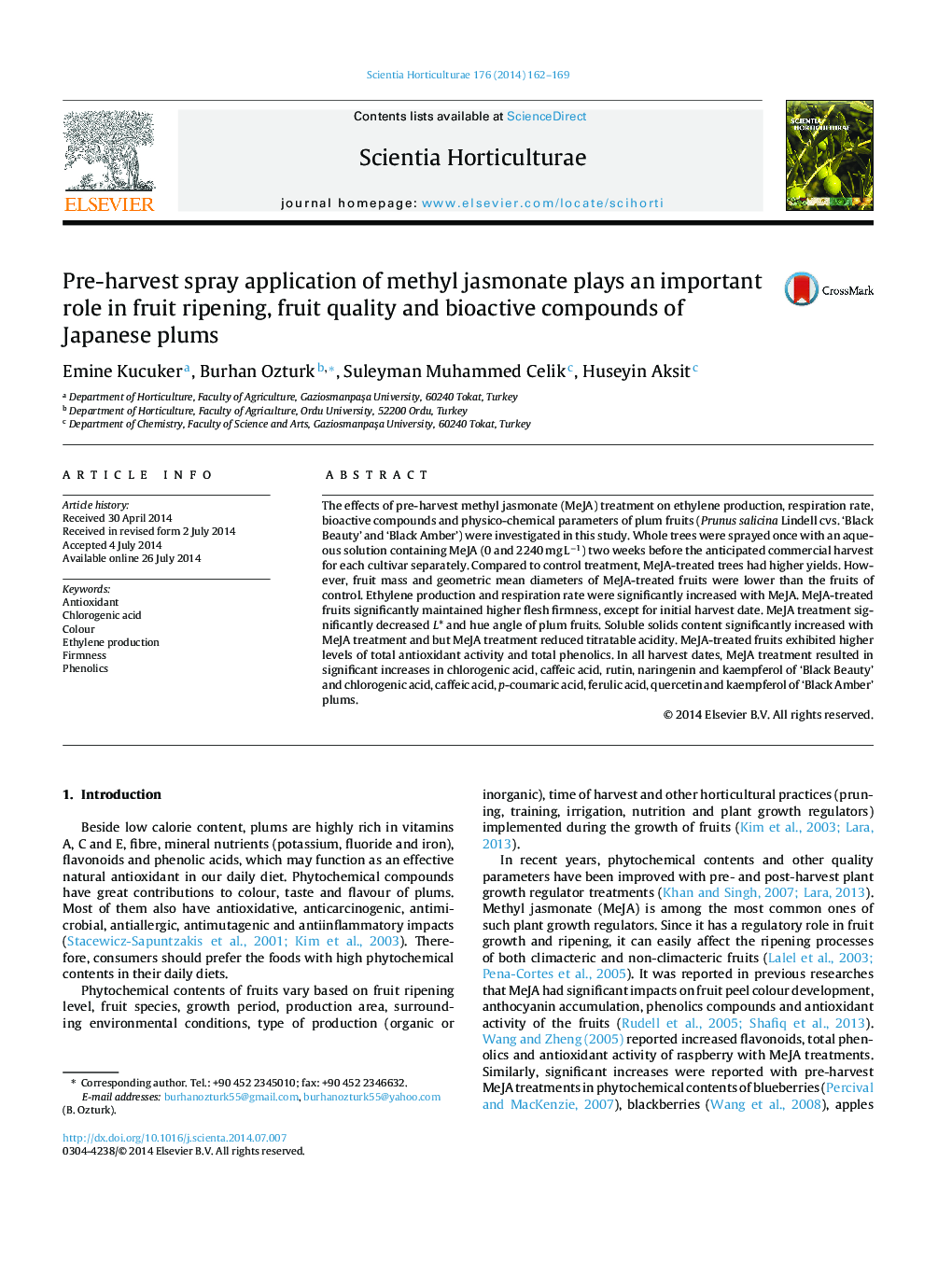 Pre-harvest spray application of methyl jasmonate plays an important role in fruit ripening, fruit quality and bioactive compounds of Japanese plums