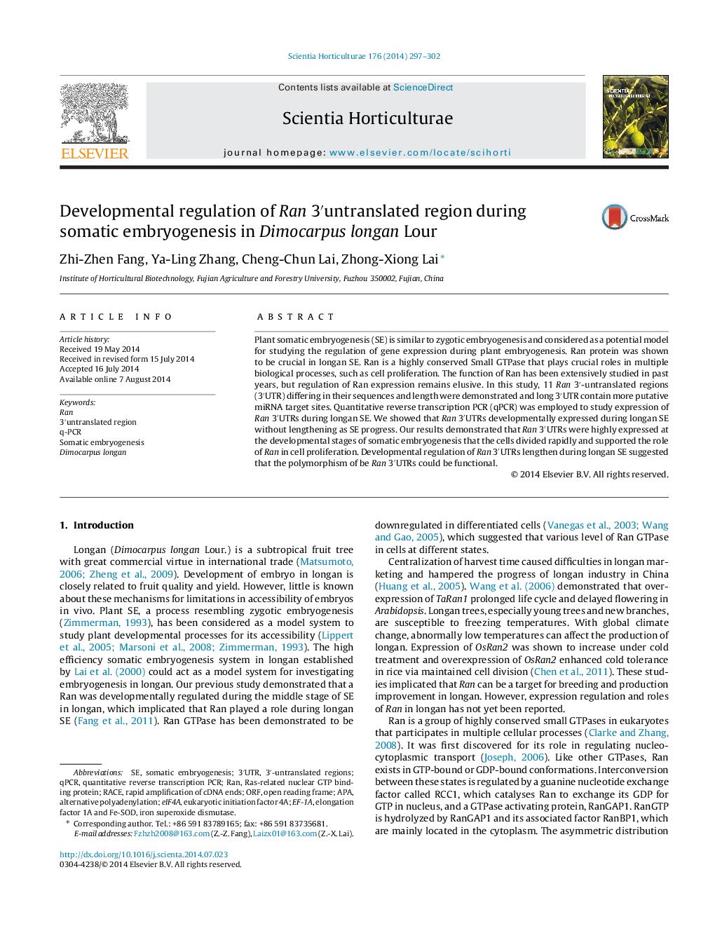 Developmental regulation of Ran 3untranslated region during somatic embryogenesis in Dimocarpus longan Lour