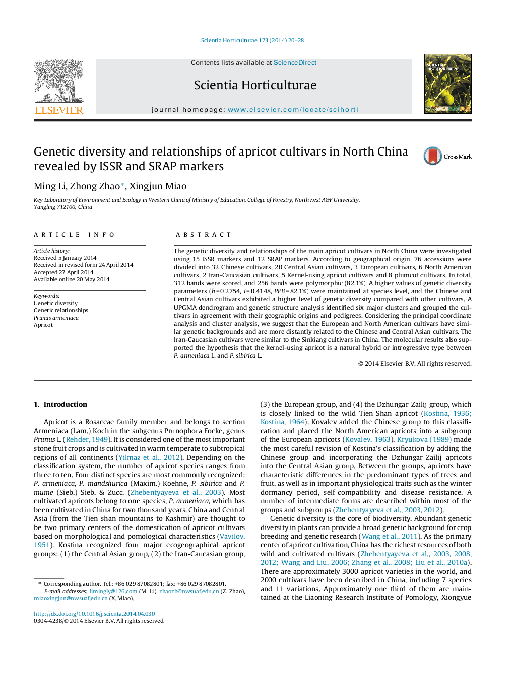 Genetic diversity and relationships of apricot cultivars in North China revealed by ISSR and SRAP markers