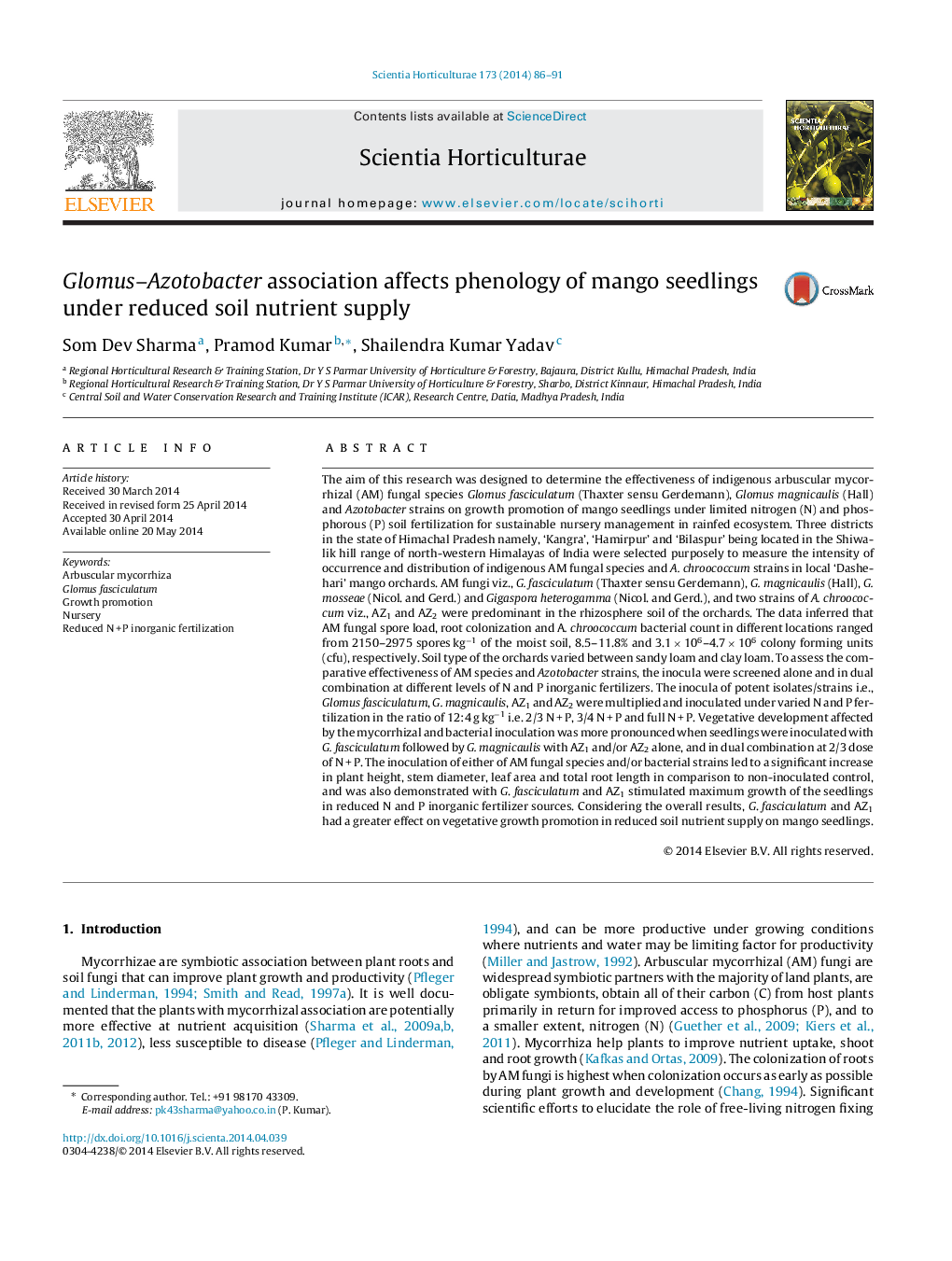 Glomus–Azotobacter association affects phenology of mango seedlings under reduced soil nutrient supply