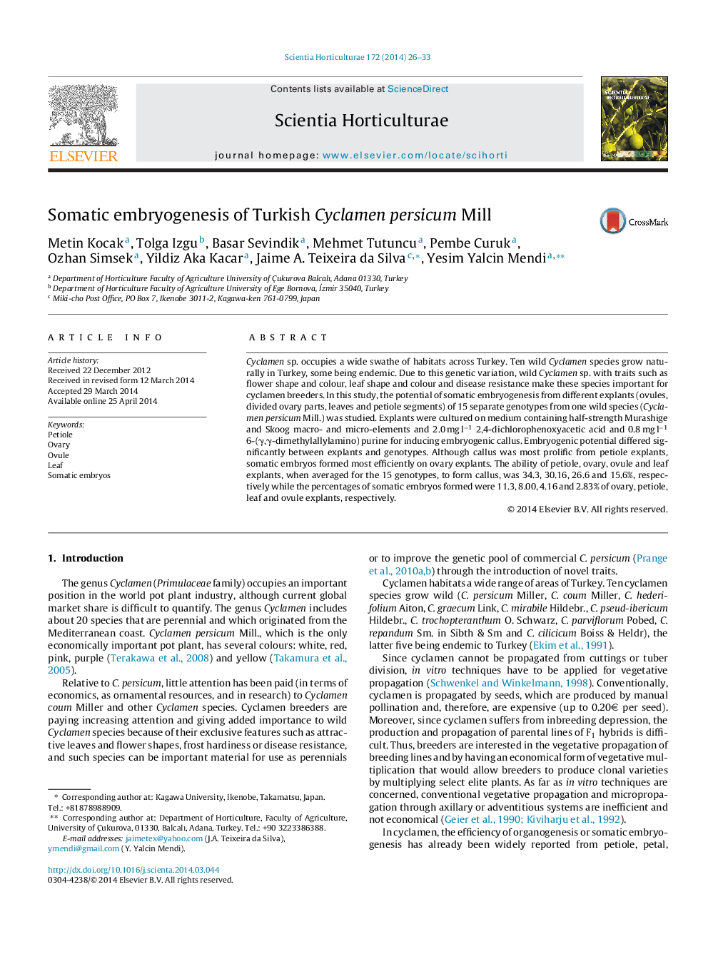 Somatic embryogenesis of Turkish Cyclamen persicum Mill