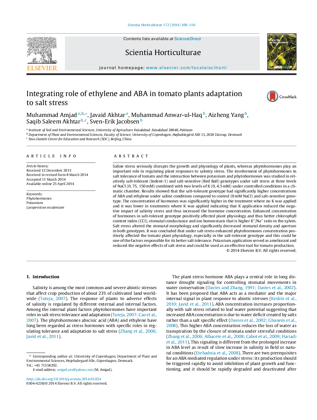 Integrating role of ethylene and ABA in tomato plants adaptation to salt stress