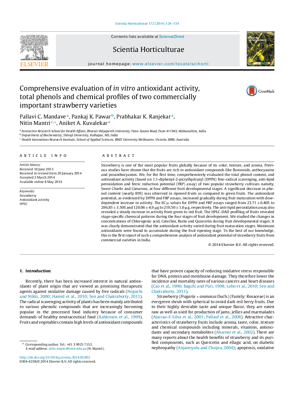 Comprehensive evaluation of in vitro antioxidant activity, total phenols and chemical profiles of two commercially important strawberry varieties