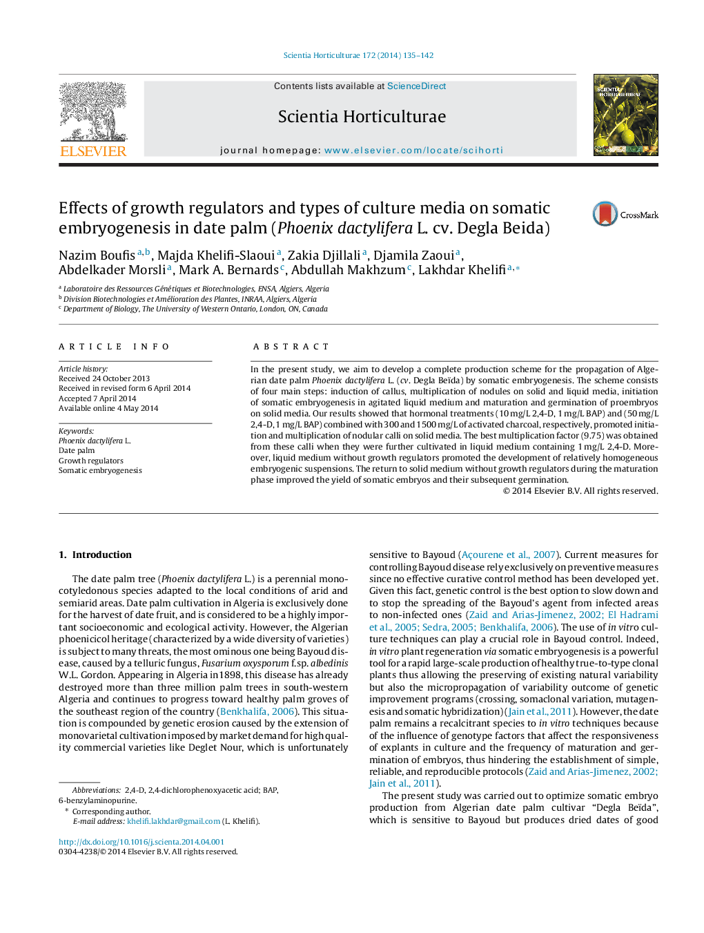 Effects of growth regulators and types of culture media on somatic embryogenesis in date palm (Phoenix dactylifera L. cv. Degla Beida)