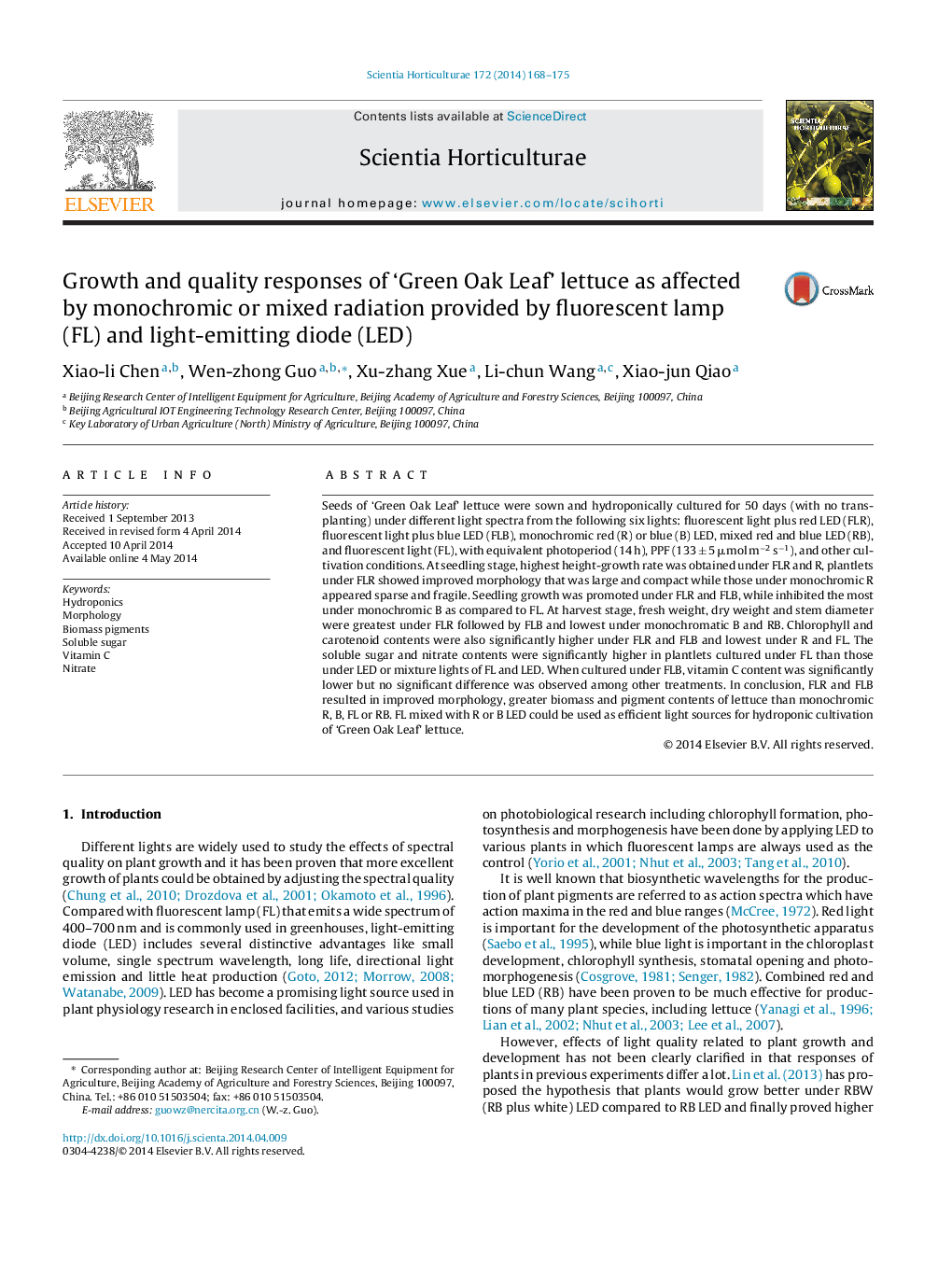 Growth and quality responses of ‘Green Oak Leaf’ lettuce as affected by monochromic or mixed radiation provided by fluorescent lamp (FL) and light-emitting diode (LED)