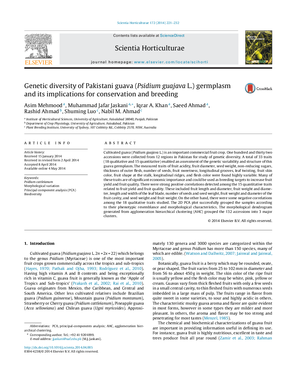 Genetic diversity of Pakistani guava (Psidium guajava L.) germplasm and its implications for conservation and breeding