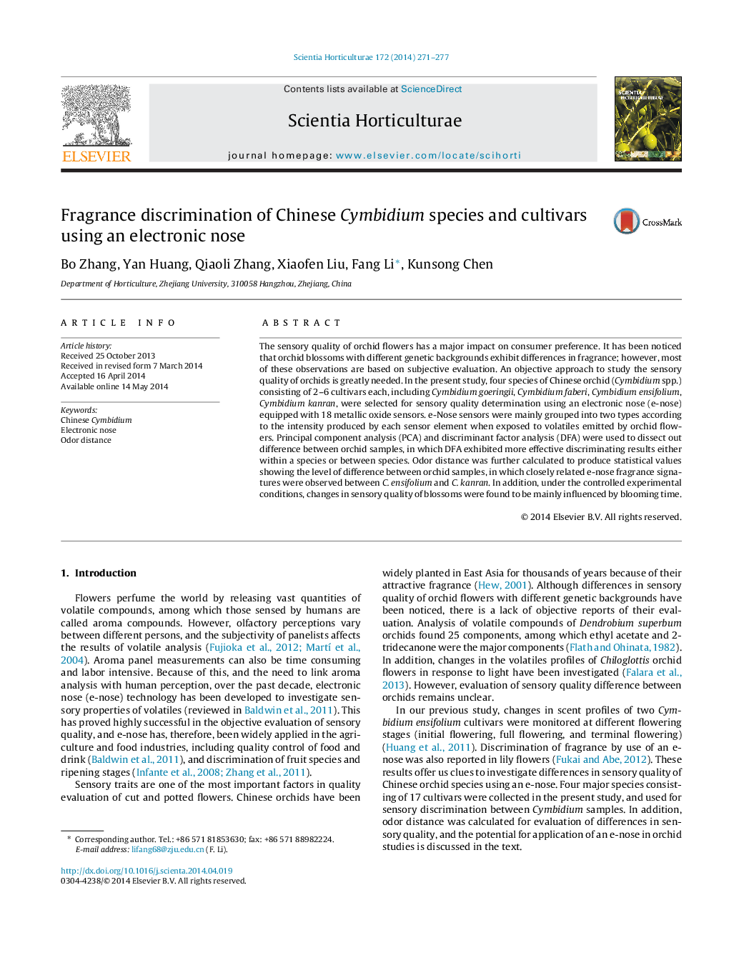 Fragrance discrimination of Chinese Cymbidium species and cultivars using an electronic nose