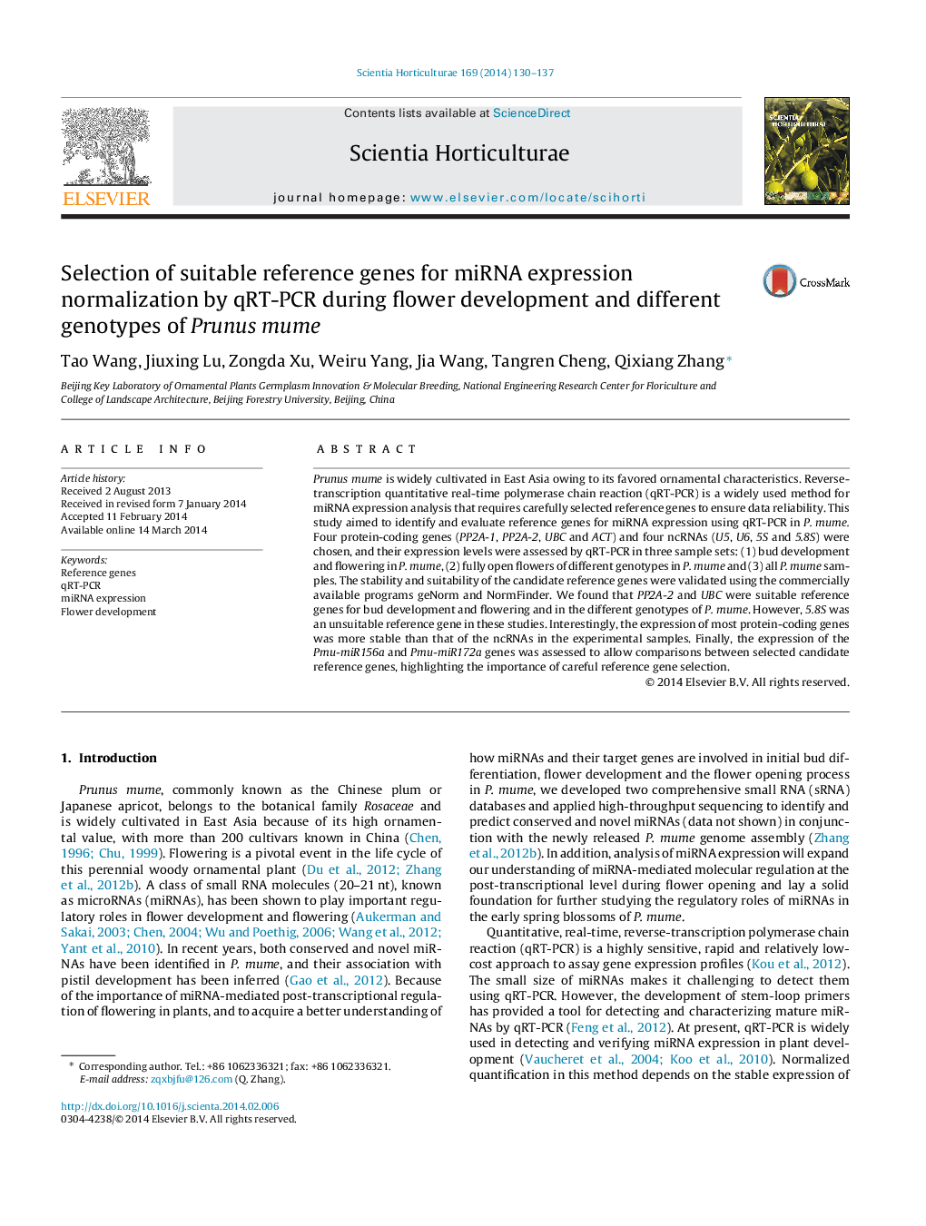 Selection of suitable reference genes for miRNA expression normalization by qRT-PCR during flower development and different genotypes of Prunus mume