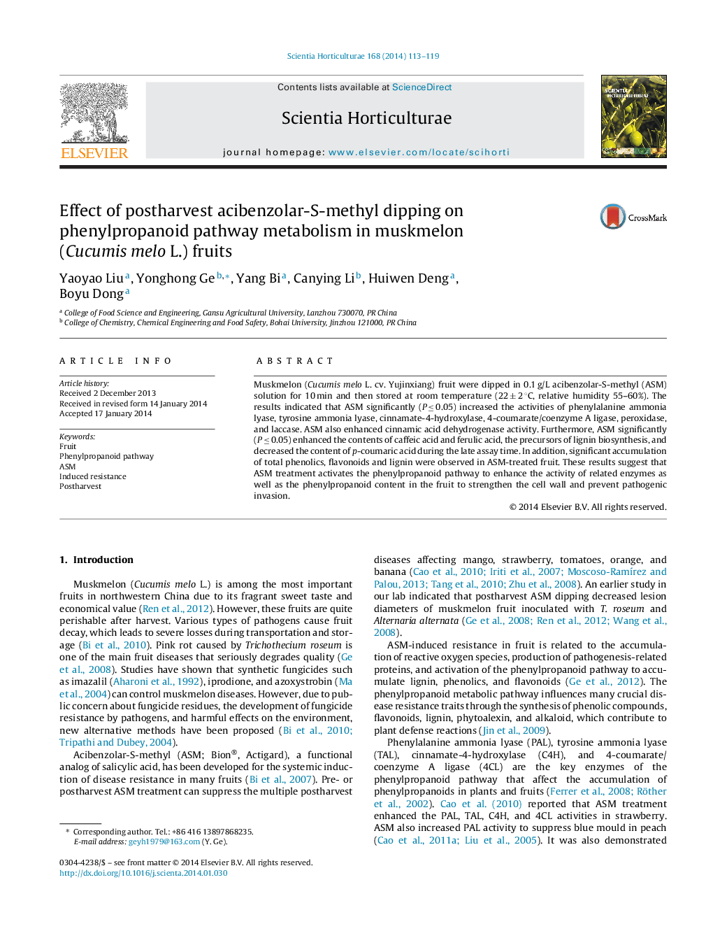 Effect of postharvest acibenzolar-S-methyl dipping on phenylpropanoid pathway metabolism in muskmelon (Cucumis melo L.) fruits