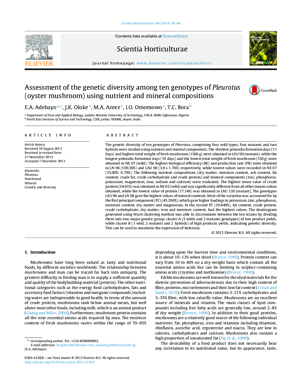 Assessment of the genetic diversity among ten genotypes of Pleurotus (oyster mushroom) using nutrient and mineral compositions