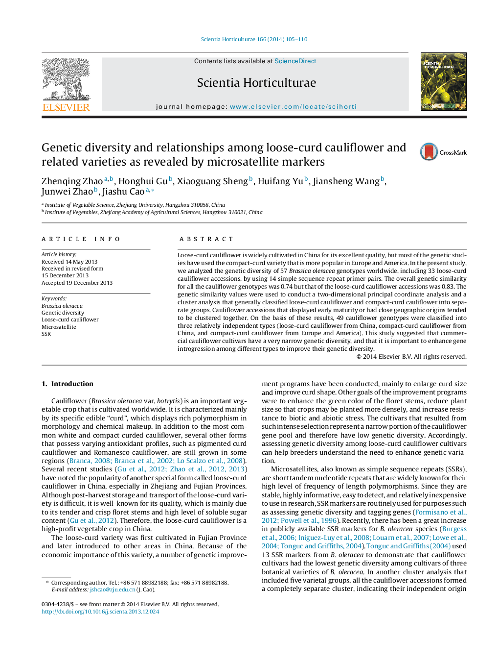 Genetic diversity and relationships among loose-curd cauliflower and related varieties as revealed by microsatellite markers