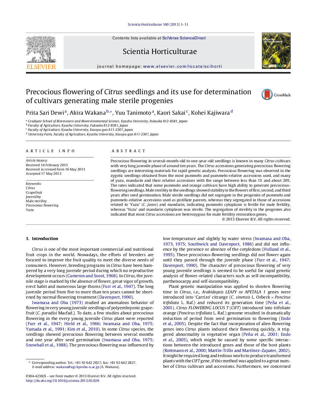 Precocious flowering of Citrus seedlings and its use for determination of cultivars generating male sterile progenies