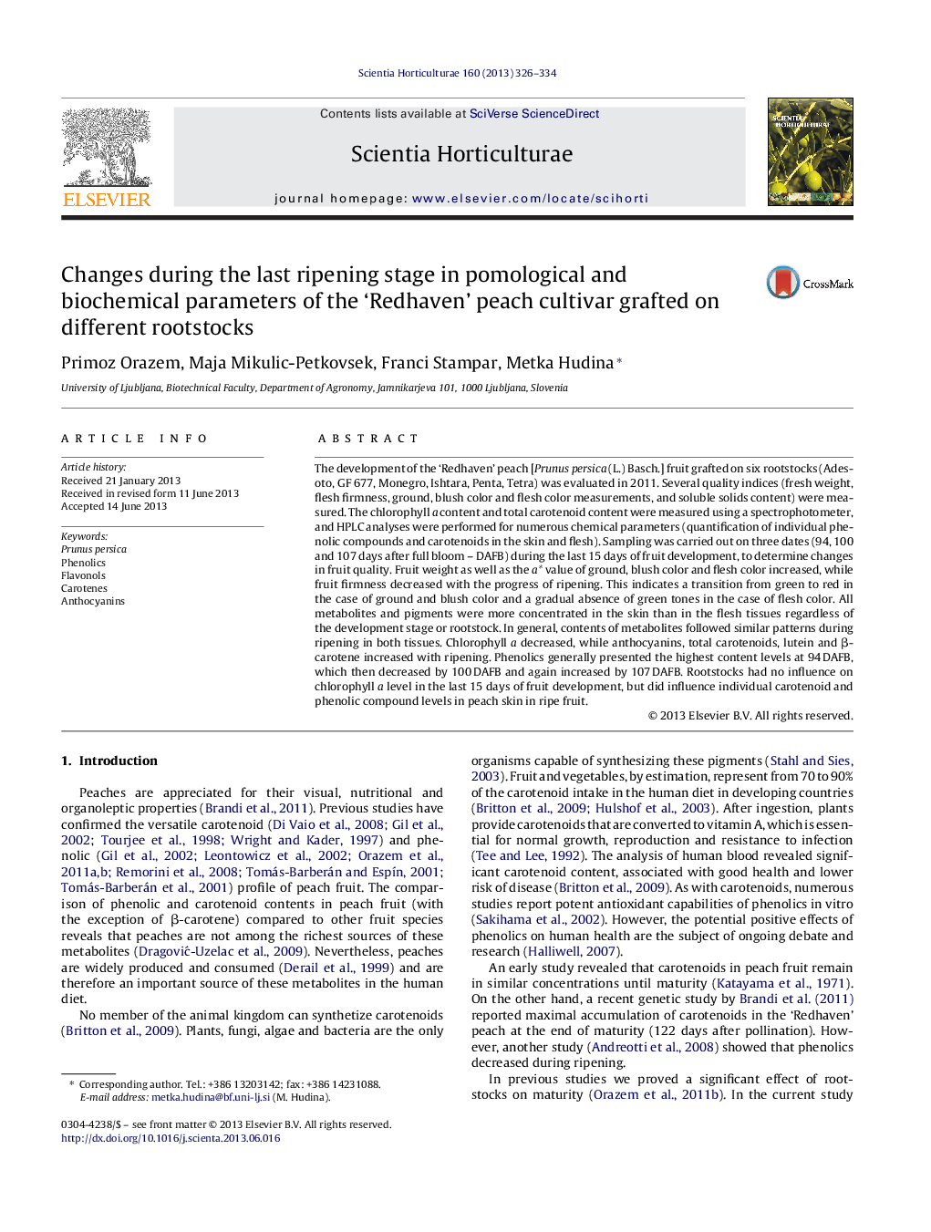 Changes during the last ripening stage in pomological and biochemical parameters of the ‘Redhaven’ peach cultivar grafted on different rootstocks