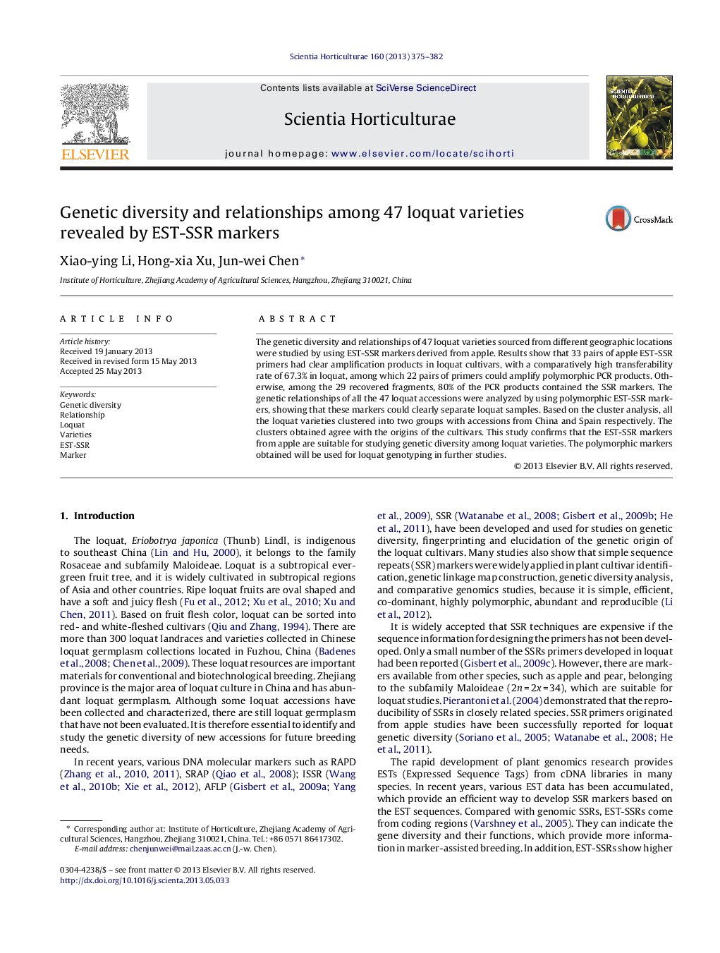 Genetic diversity and relationships among 47 loquat varieties revealed by EST-SSR markers