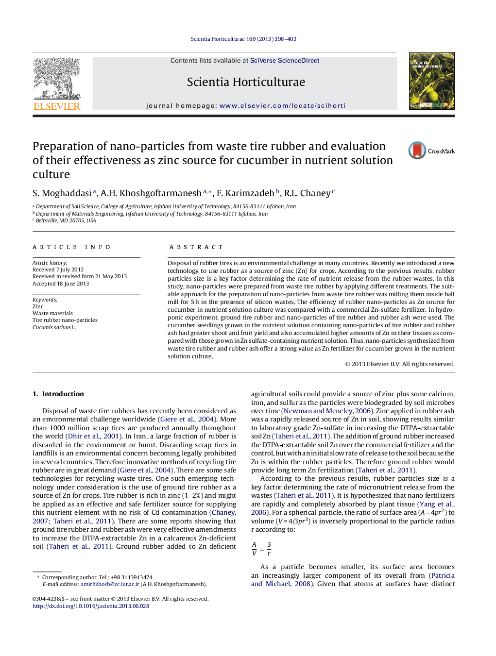 Preparation of nano-particles from waste tire rubber and evaluation of their effectiveness as zinc source for cucumber in nutrient solution culture