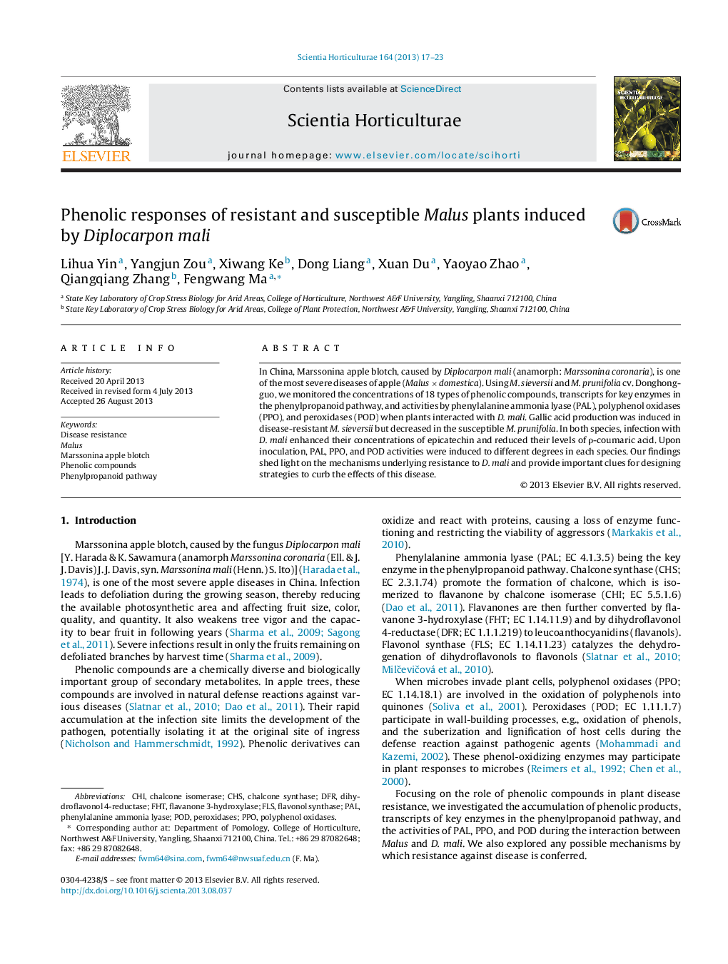 عکس صفحه اول مقاله: Phenolic responses of resistant and susceptible Malus plants induced by Diplocarpon mali Phenolic responses of resistant and susceptible Malus plants induced by Diplocarpon mali
