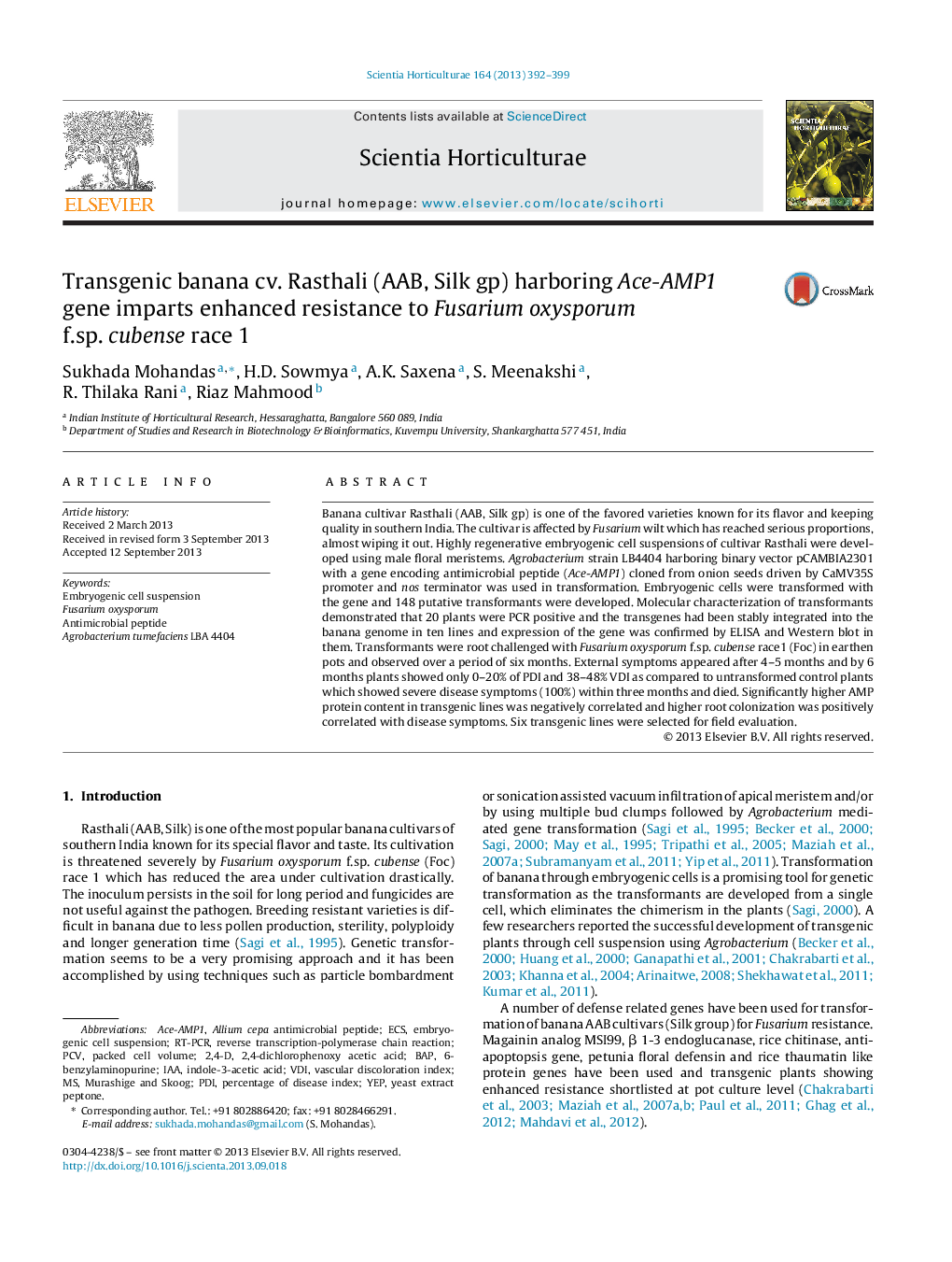 Transgenic banana cv. Rasthali (AAB, Silk gp) harboring Ace-AMP1 gene imparts enhanced resistance to Fusarium oxysporum f.sp. cubense race 1