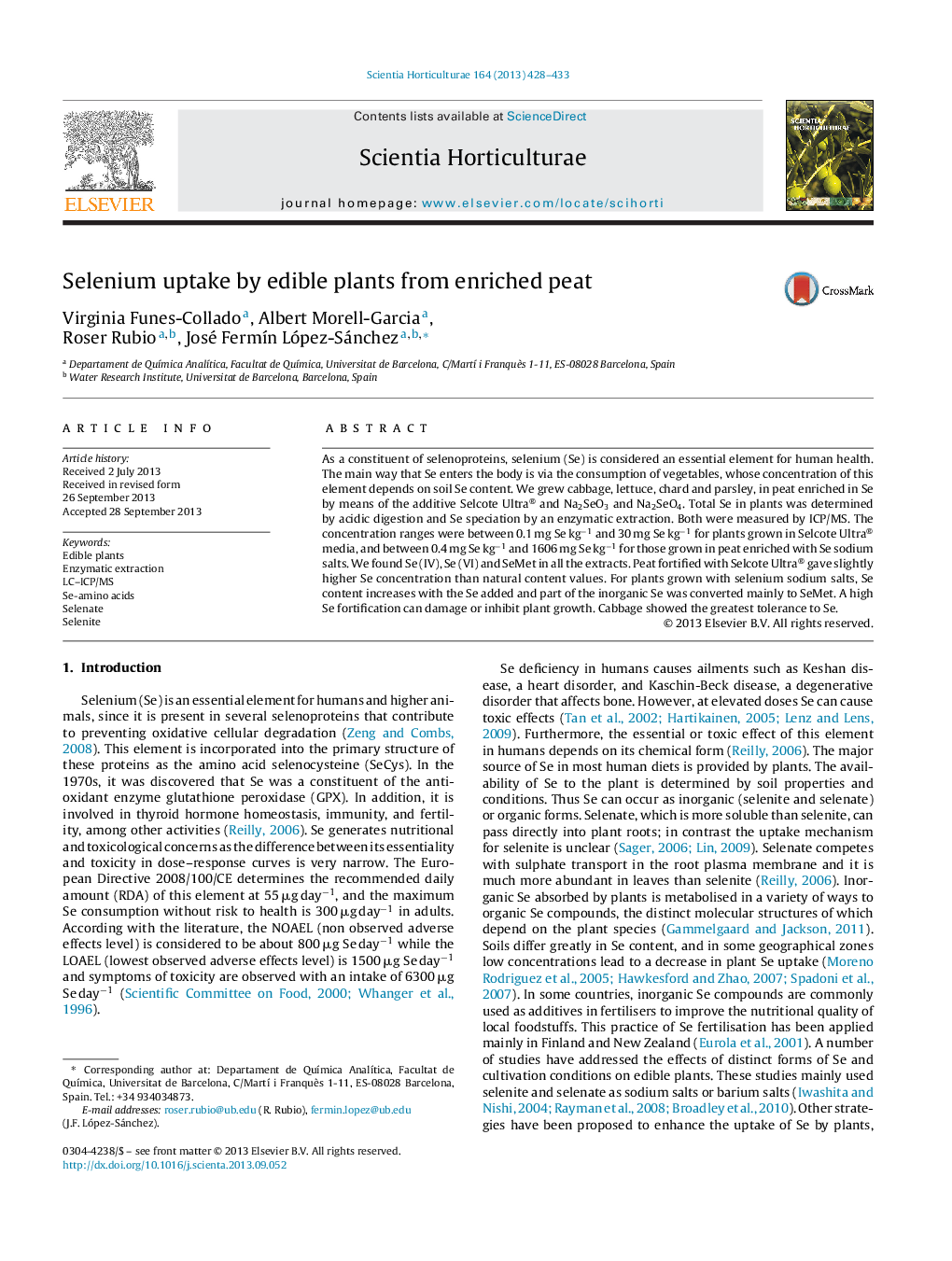 Selenium uptake by edible plants from enriched peat