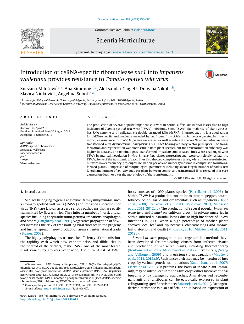 Introduction of dsRNA-specific ribonuclease pac1 into Impatiens walleriana provides resistance to Tomato spotted wilt virus