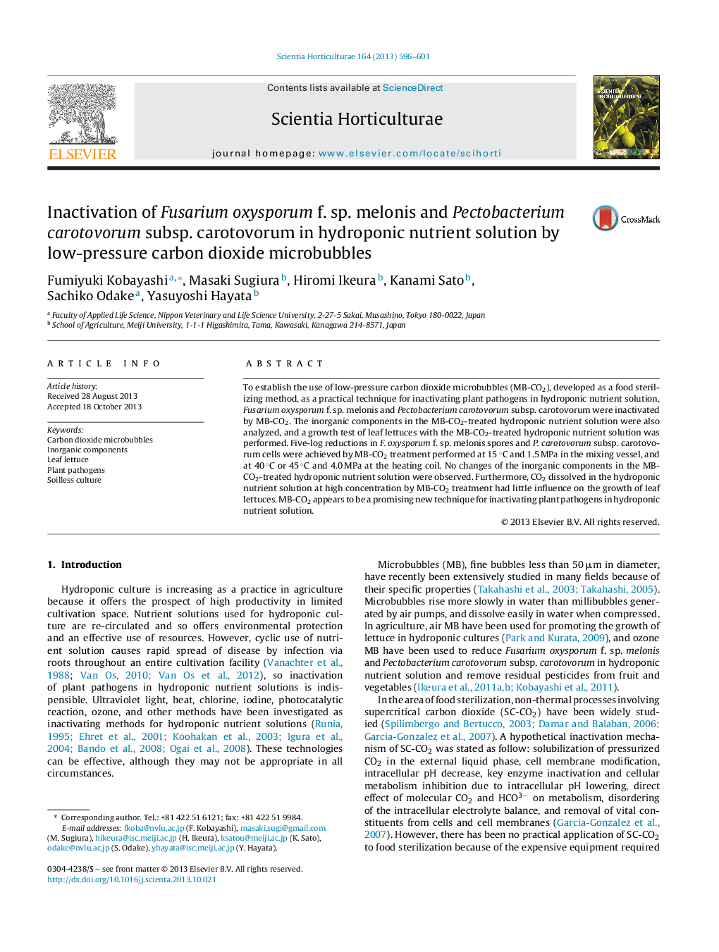 Inactivation of Fusarium oxysporum f. sp. melonis and Pectobacterium carotovorum subsp. carotovorum in hydroponic nutrient solution by low-pressure carbon dioxide microbubbles