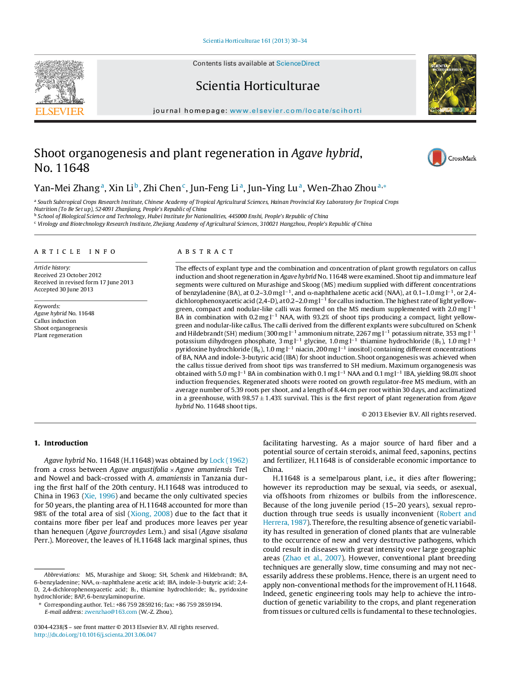 Shoot organogenesis and plant regeneration in Agave hybrid, No. 11648