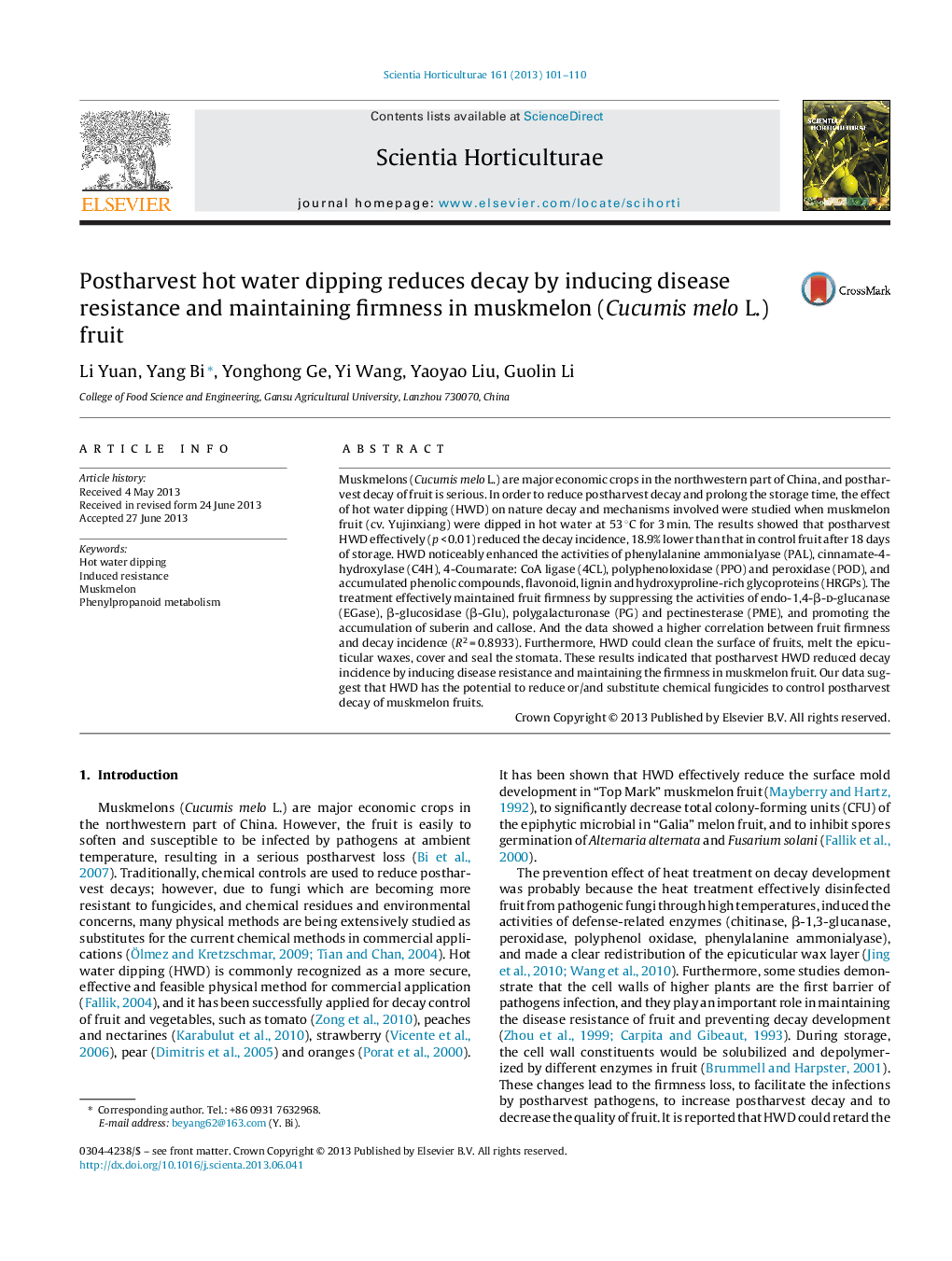 Postharvest hot water dipping reduces decay by inducing disease resistance and maintaining firmness in muskmelon (Cucumis melo L.) fruit