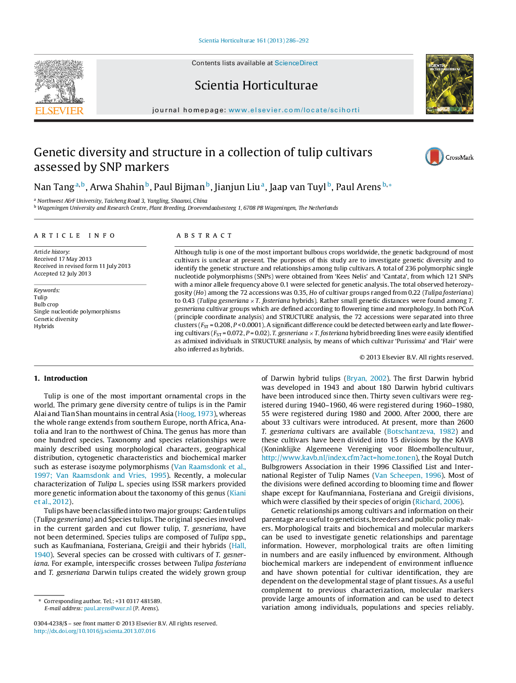 عکس صفحه اول مقاله: Genetic diversity and structure in a collection of tulip cultivars assessed by SNP markers Genetic diversity and structure in a collection of tulip cultivars assessed by SNP markers