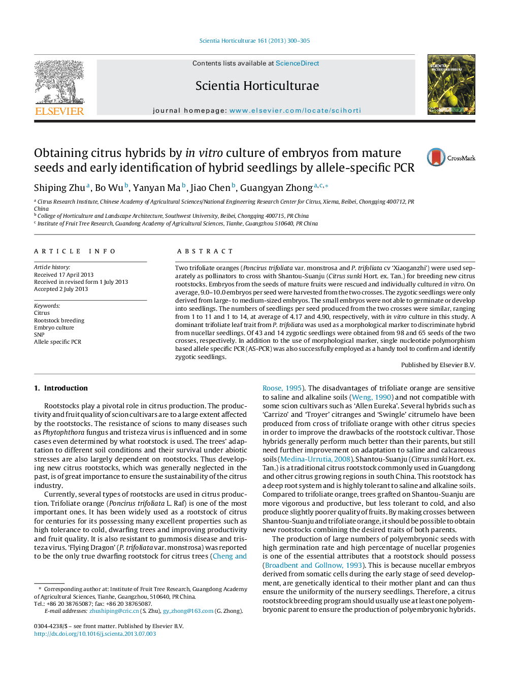 عکس صفحه اول مقاله: Obtaining citrus hybrids by in vitro culture of embryos from mature seeds and early identification of hybrid seedlings by allele-specific PCR Obtaining citrus hybrids by in vitro culture of embryos from mature seeds and early identification of hybrid seedlings by allele-specific PCR
