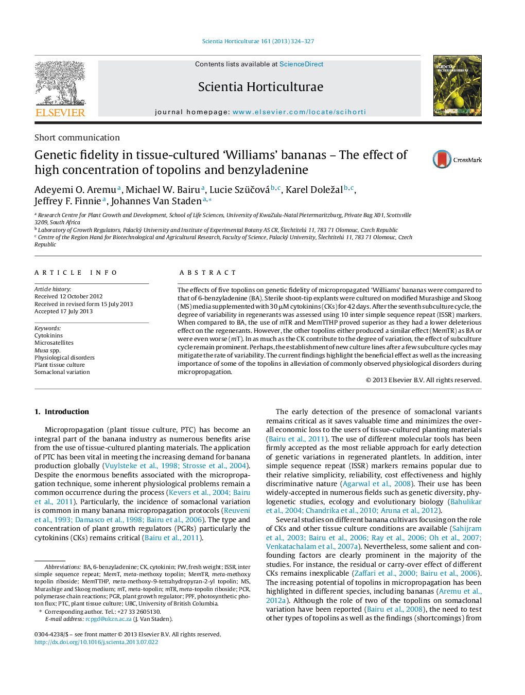 عکس صفحه اول مقاله: Genetic fidelity in tissue-cultured ‘Williams’ bananas – The effect of high concentration of topolins and benzyladenine Genetic fidelity in tissue-cultured ‘Williams’ bananas – The effect of high concentration of topolins and benzyladenine