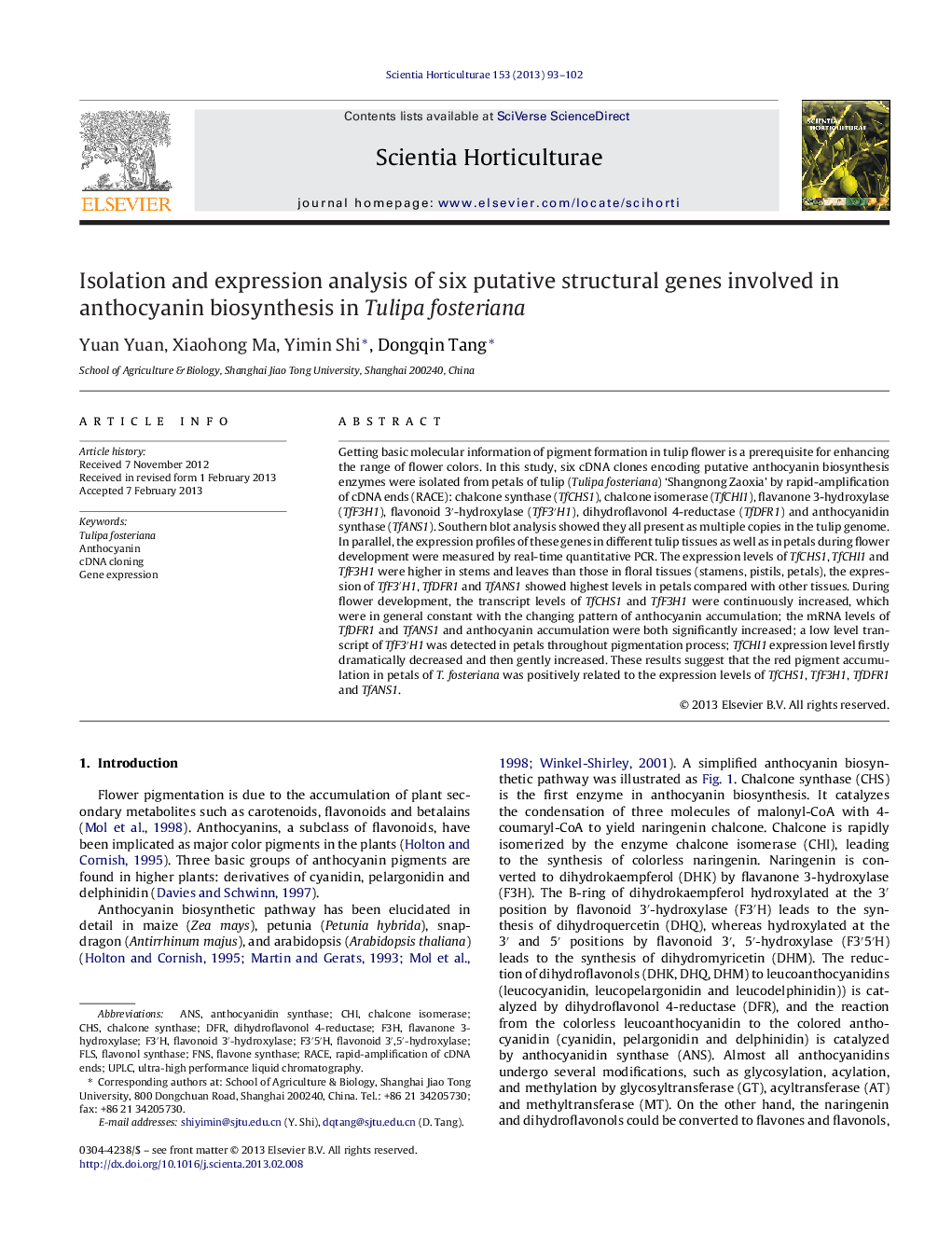 Isolation and expression analysis of six putative structural genes involved in anthocyanin biosynthesis in Tulipa fosteriana