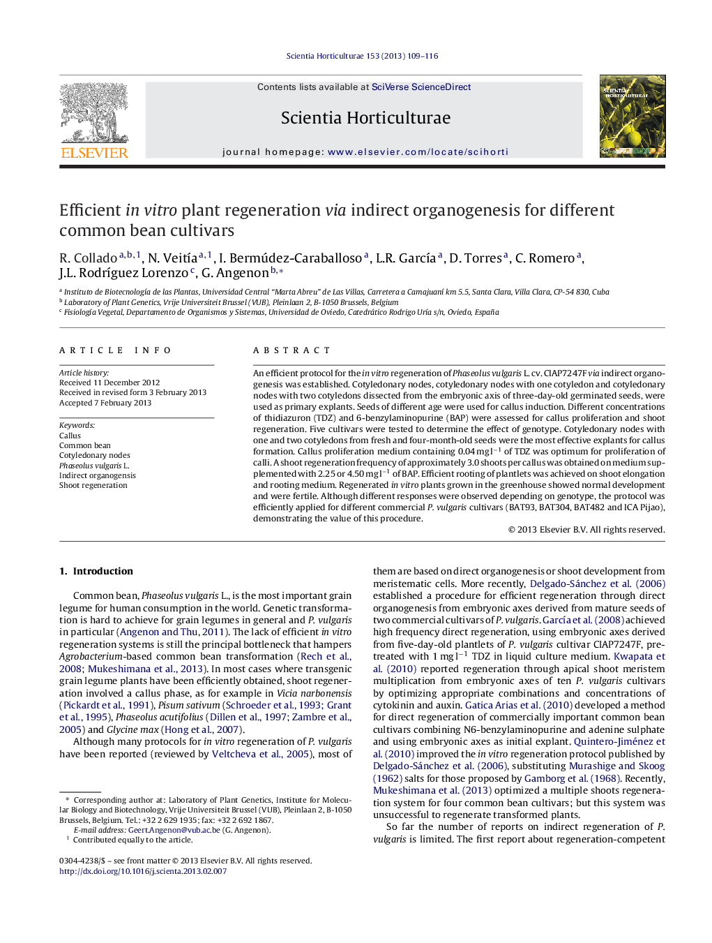 Efficient in vitro plant regeneration via indirect organogenesis for different common bean cultivars