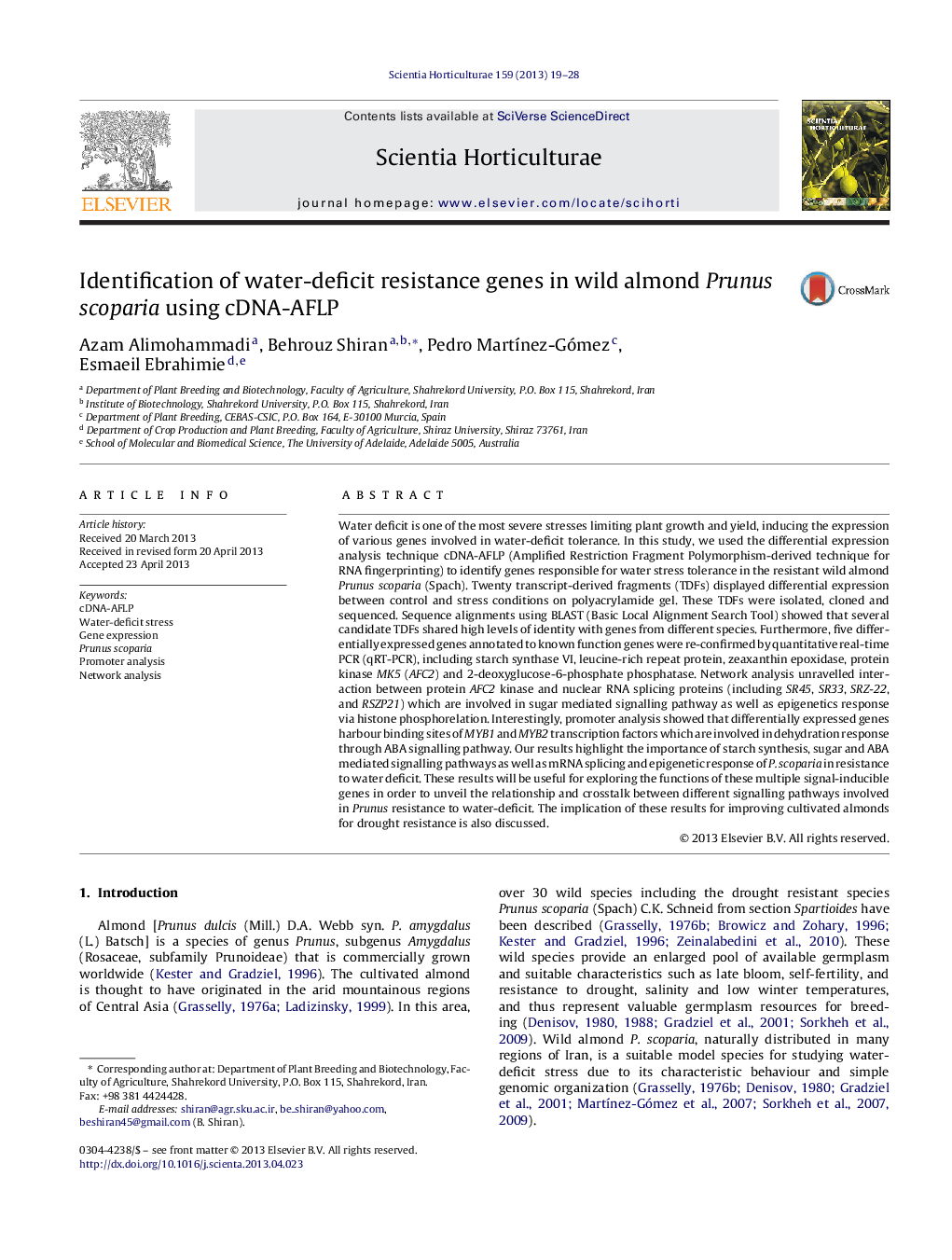 Identification of water-deficit resistance genes in wild almond Prunus scoparia using cDNA-AFLP