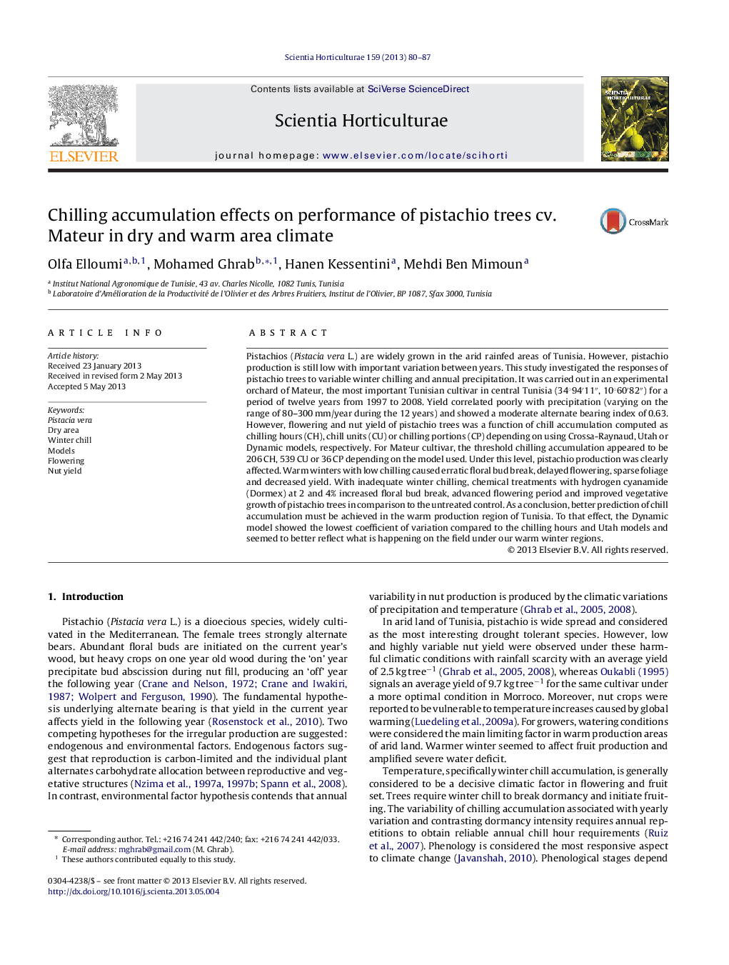 Chilling accumulation effects on performance of pistachio trees cv. Mateur in dry and warm area climate