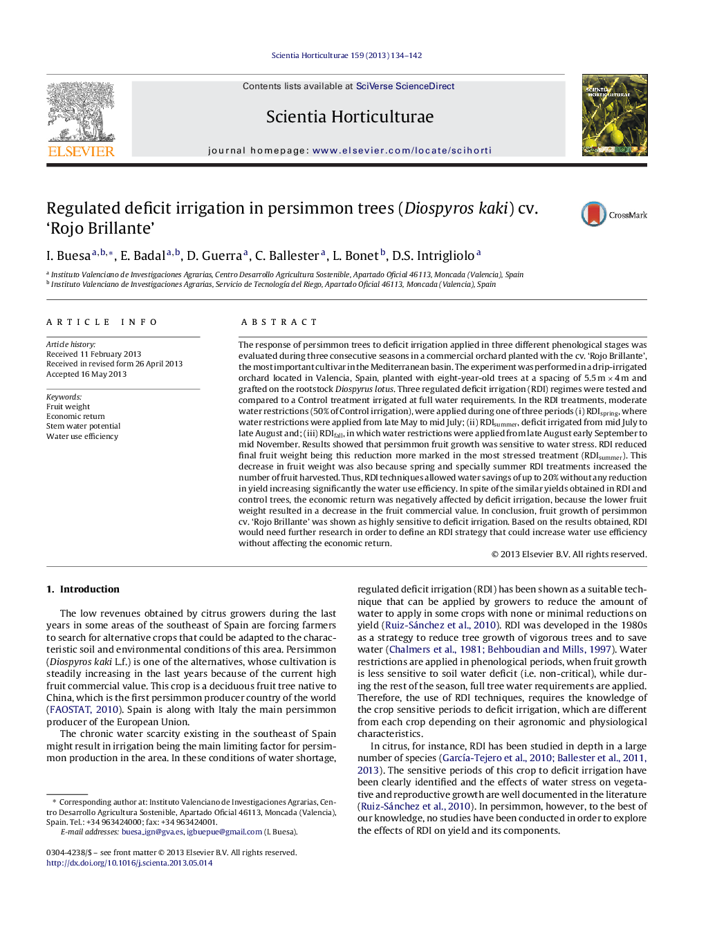 Regulated deficit irrigation in persimmon trees (Diospyros kaki) cv. ‘Rojo Brillante’