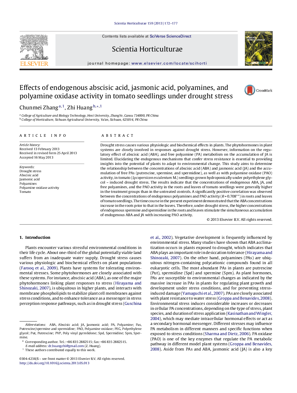 Effects of endogenous abscisic acid, jasmonic acid, polyamines, and polyamine oxidase activity in tomato seedlings under drought stress