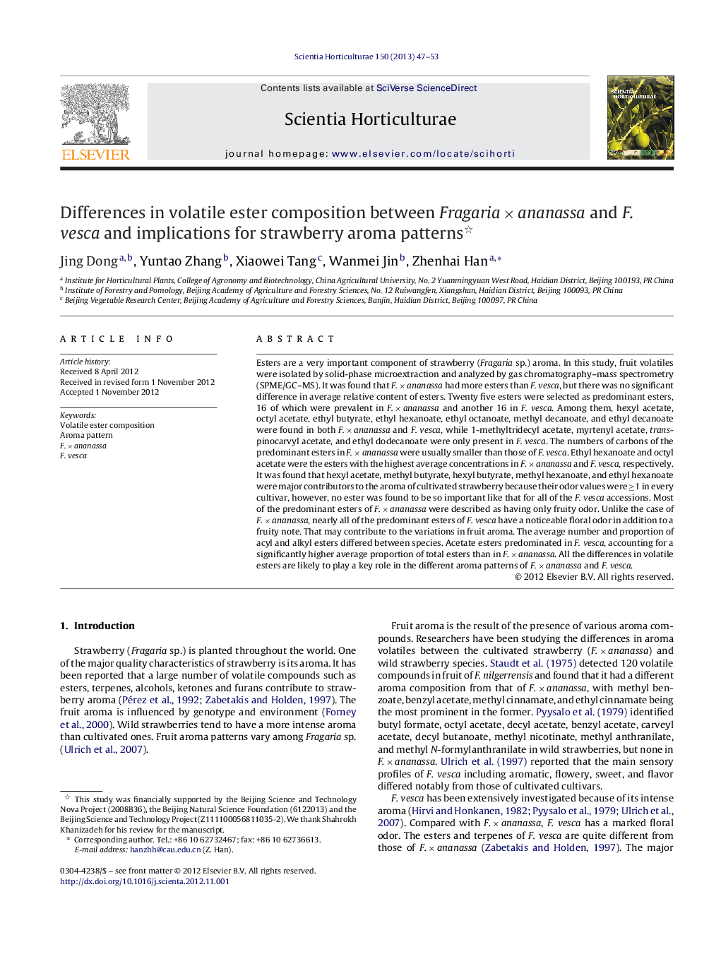 Differences in volatile ester composition between Fragaria × ananassa and F. vesca and implications for strawberry aroma patterns 