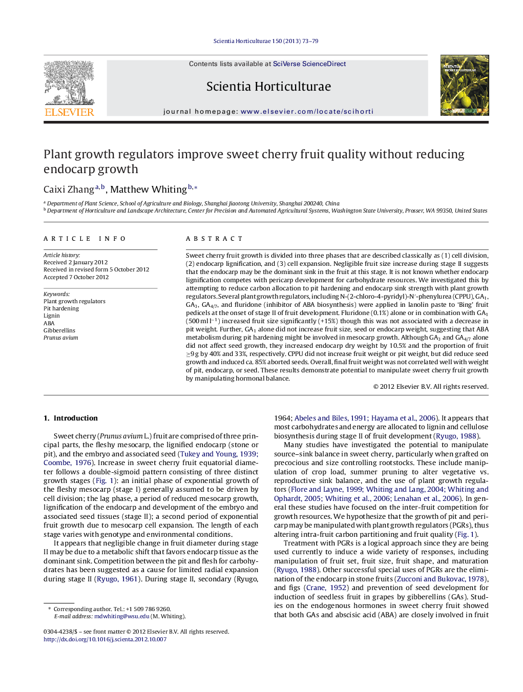 Plant growth regulators improve sweet cherry fruit quality without reducing endocarp growth