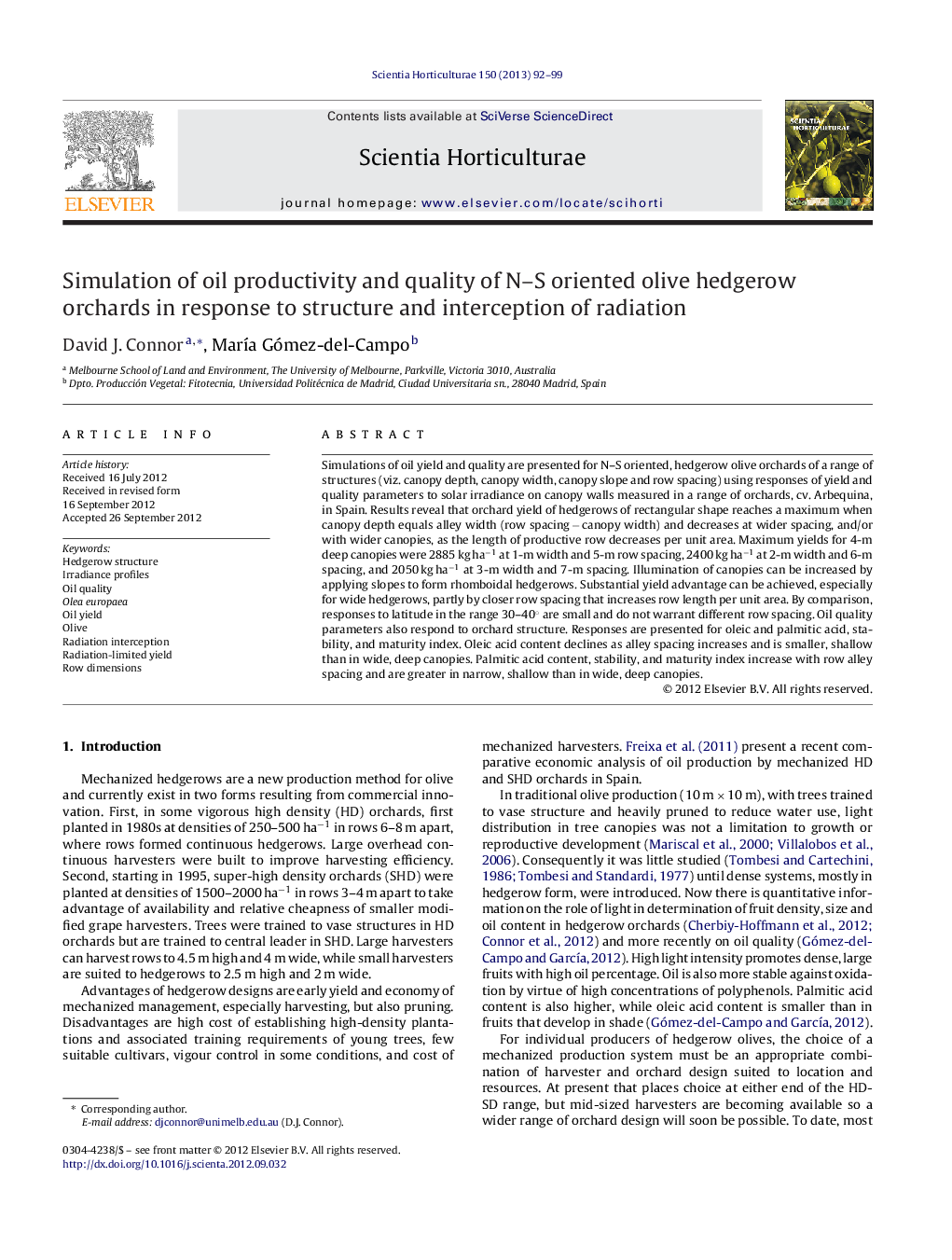 Simulation of oil productivity and quality of N–S oriented olive hedgerow orchards in response to structure and interception of radiation