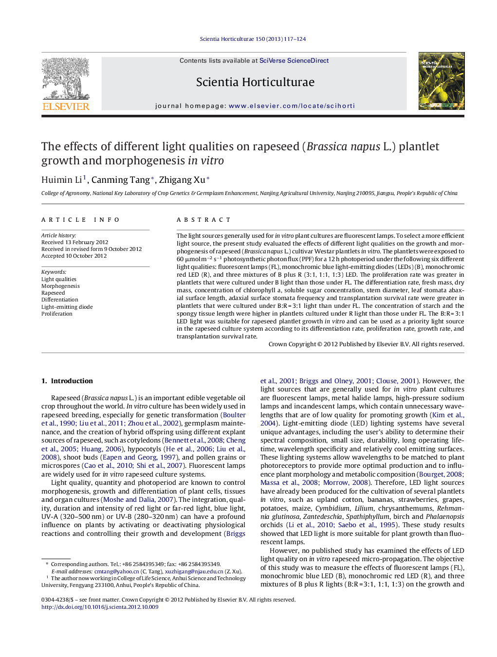 The effects of different light qualities on rapeseed (Brassica napus L.) plantlet growth and morphogenesis in vitro