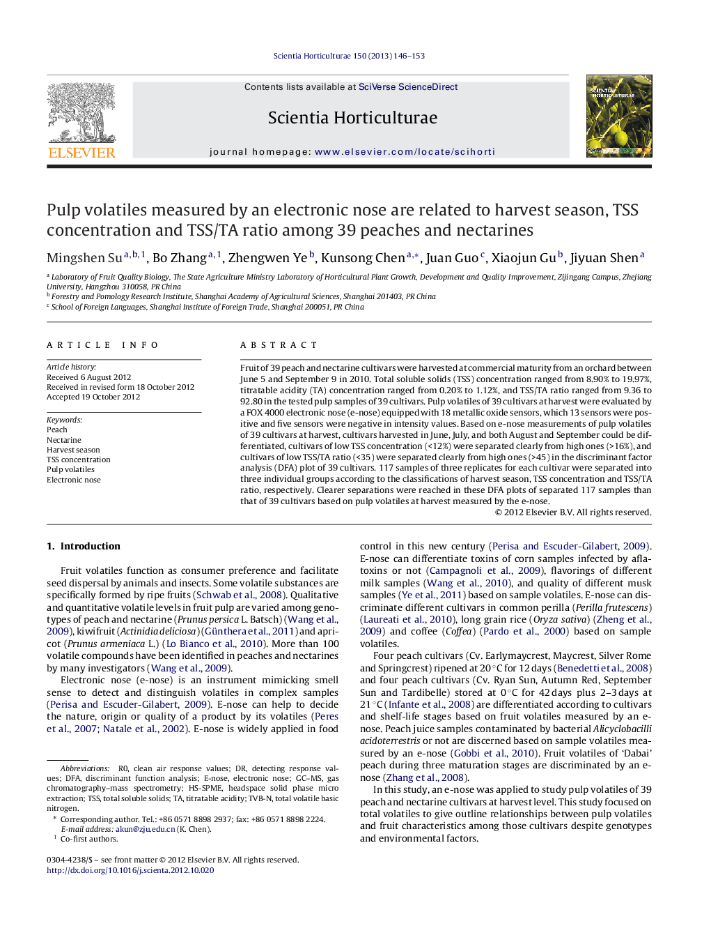 Pulp volatiles measured by an electronic nose are related to harvest season, TSS concentration and TSS/TA ratio among 39 peaches and nectarines